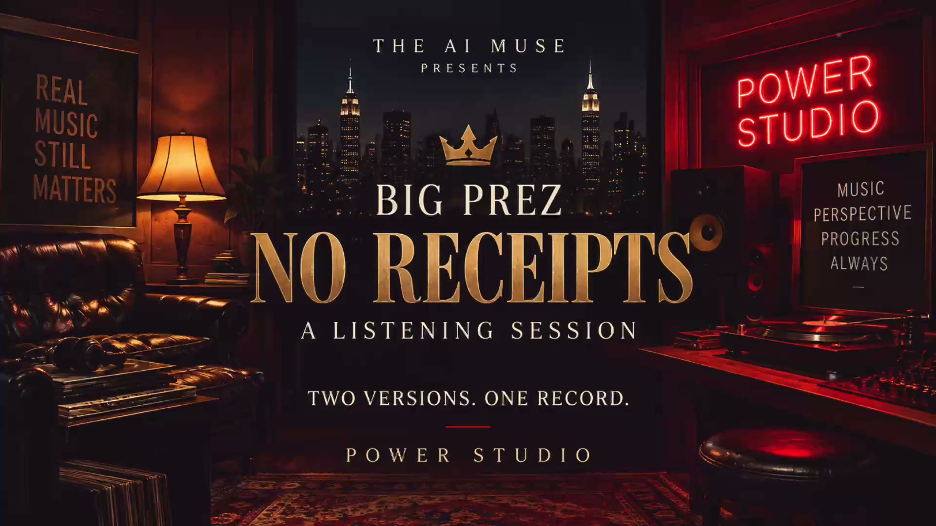 Big Prez — No Receipts. A listening session. Two versions, one record. Power Studio.