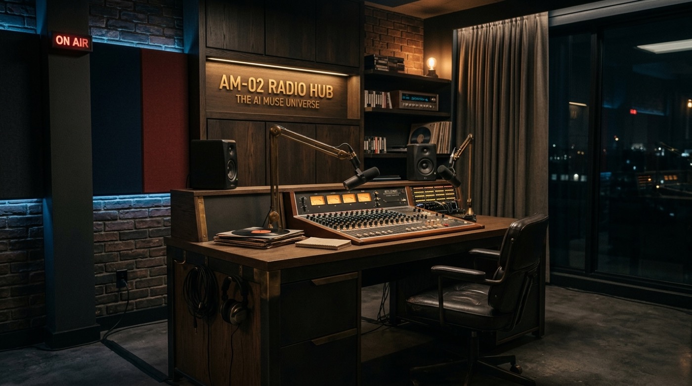 The AI Muse radio booth, with a mixing desk, turntable and warm lamp light
